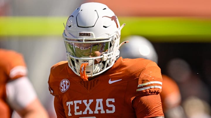 Oct 11, 2025; Dallas, Texas, USA; Texas Longhorns linebacker Anthony Hill Jr. (0) looks on during the game between the Texas Longhorns and the Oklahoma Sooners at the Cotton Bowl. Mandatory Credit: Jerome Miron-Imagn Images