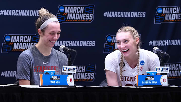 Mar 20, 2022; Stanford, California, USA; Stanford Cardinal guard Lexie Hull (12) and forward Cameron Brink (22) smile during during a post-game press conference after a win against the Kansas Jayhawks Maples Pavilion. Mandatory Credit: Kelley L Cox-Imagn Images