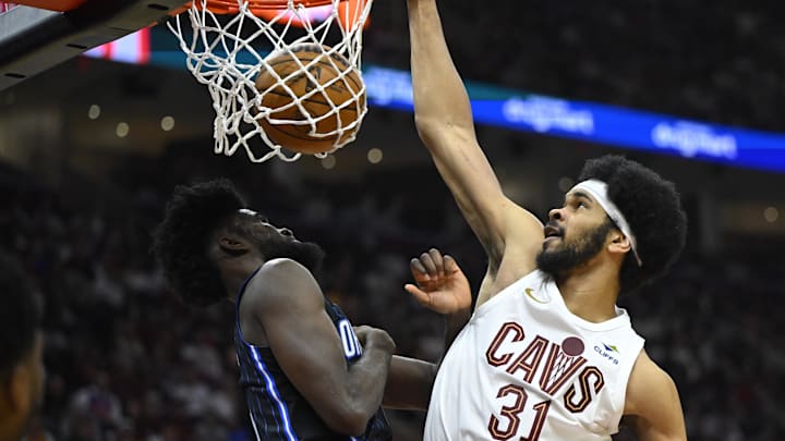 Apr 20, 2024; Cleveland, Ohio, USA; Cleveland Cavaliers center Jarrett Allen (31) dunks beside Orlando Magic forward Jonathan Isaac (1) in the second quarter during game one of the first round for the 2024 NBA playoffs at Rocket Mortgage FieldHouse. Mandatory Credit: David Richard-USA TODAY Sports