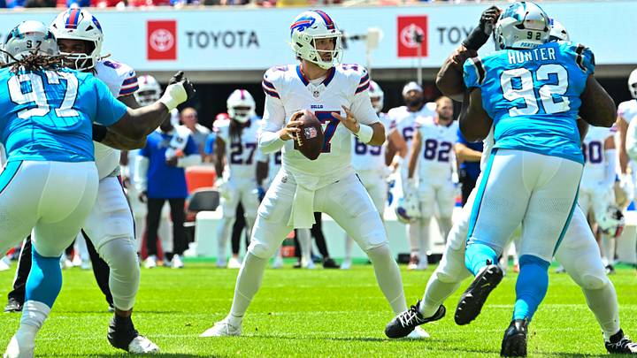 Aug 15, 2026; Orchard Park, New York, USA; Buffalo Bills quarterback Josh Allen (17) stands in the pocket in the first quarter against the Carolina Panthers at the New Highmark Stadium. Aug 15, 2026; Orchard Park, New York, USA; Buffalo Bills quarterback Josh Allen (17) stands in the pocket in the first quarter against the Carolina Panthers at the New Highmark Stadium.