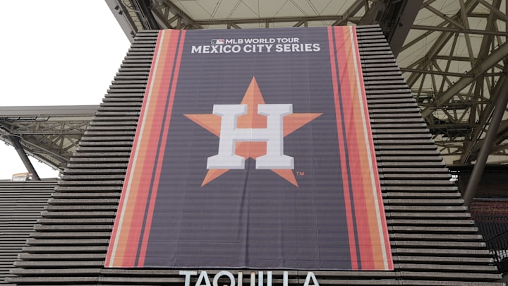 Apr 26, 2024; Mexico City, Mexico; A banner with the Houston Astros logo at Estadio Alfredo Harp Helu. Mandatory Credit: Kirby Lee-Imagn Images