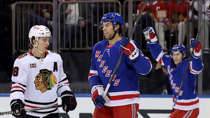 Mar 27, 2026; New York, New York, USA; New York Rangers defenseman Matthew Robertson (29) reacts in front of Chicago Blackhawks center Connor Bedard (98) after scoring a goal during the second period at Madison Square Garden. Mandatory Credit: Brad Penner-Imagn Images