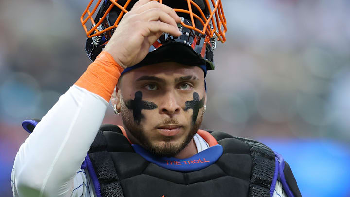 Jun 11, 2024; New York City, New York, USA; New York Mets catcher Francisco Alvarez (4) walks back to the dugout after the top of the first inning against the Miami Marlins at Citi Field. Mandatory Credit: Brad Penner-USA TODAY Sports