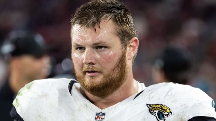 Nov 23, 2025; Glendale, Arizona, USA; Jacksonville Jaguars offensive lineman Cole Van Lanen (70) against the Arizona Cardinals at State Farm Stadium. 