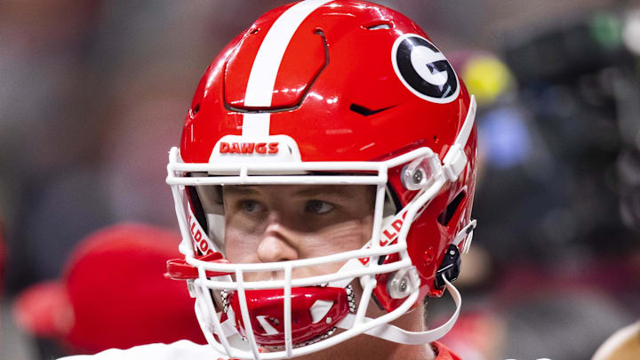 Jan 10, 2022; Indianapolis, IN, USA; Georgia Bulldogs offensive lineman Chad Lindberg (78) against the Alabama Crimson Tide in the 2022 CFP college football national championship game at Lucas Oil Stadium. Mandatory Credit: Mark J. Rebilas-Imagn Images
