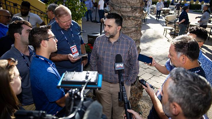 Nov 8, 2023; Scottsdale, AZ, USA; Atlanta Braves president of baseball operations Alex Anthopoulos speaks to the media during the MLB General Manager's Meetings at Omni Scottsdale Resort & Spa. Mandatory Credit: Mark J. Rebilas-Imagn Images