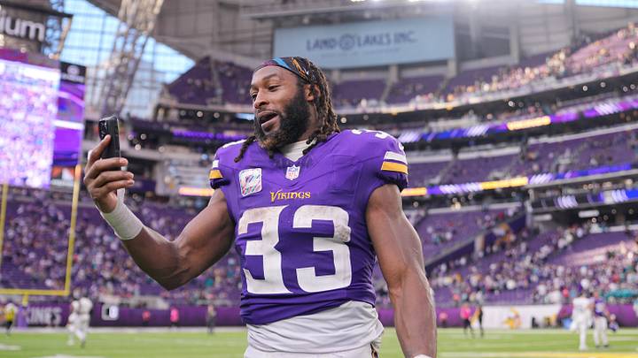 Minnesota Vikings running back Aaron Jones (33) celebrates after the game against the Miami Dolphins at U.S. Bank Stadium. Minnesota Vikings running back Aaron Jones (33) celebrates after the game against the Miami Dolphins at U.S. Bank Stadium.