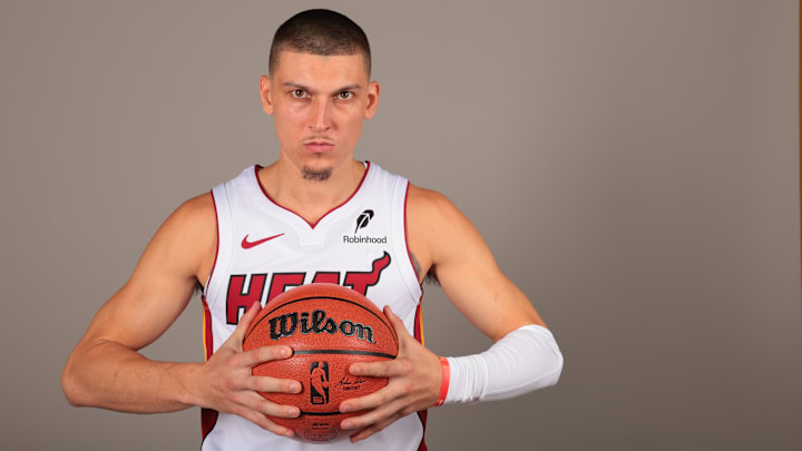 Sep 29, 2025; Miami, FL, USA; Miami Heat guard Tyler Herro (14) poses for a photo during media day at Kaseya Center. Mandatory Credit: Sam Navarro-Imagn Images