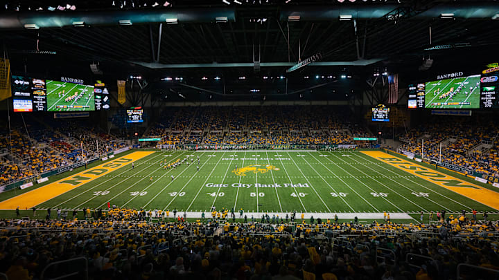  The North Dakota State Bison offense start a drive in the second half against the North Dakota Fighting Hawks at FARGODOME on November 19, 2022 in Fargo, North Dakota.