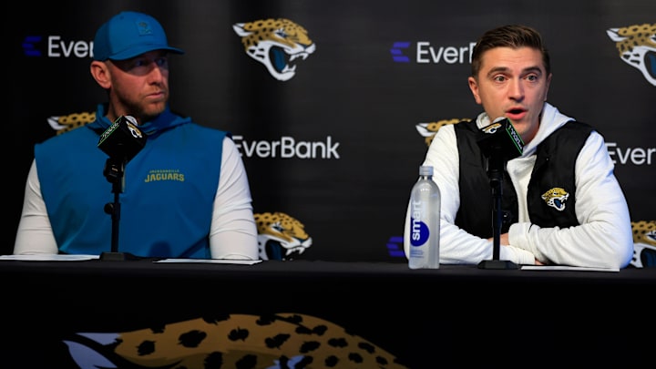 Jacksonville Jaguars general manager James Gladstone, right, speaks as head coach Liam Coen looks on during a press conference at the Miller Electric Center, Wednesday, Jan. 14, 2026, in Jacksonville, Fla. Jacksonville Jaguars general manager James Gladstone, right, speaks as head coach Liam Coen looks on during a press conference at the Miller Electric Center, Wednesday, Jan. 14, 2026, in Jacksonville, Fla.