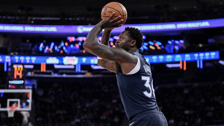 Oct 9, 2025; New York, New York, USA; Minnesota Timberwolves forward/center Julius Randle (30) shoots the ball against the New York Knicks during the first half at Madison Square Garden. Mandatory Credit: John Jones-Imagn Images