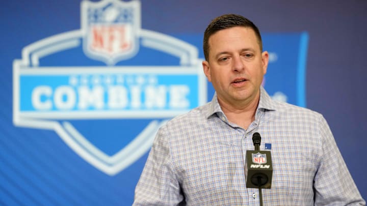 Feb 24, 2026; Indianapolis, IN, USA; New England Patriots general manager Eliot Wolf speaks at the NFL Scouting Combine at the Indiana Convention Center. Mandatory Credit: Kirby Lee-Imagn Images