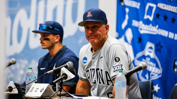Jun 8, 2025; Chapel Hill, NC, USA;  Arizona head coach Chip Hale and  infielder Garen Caulfield (1) interview with the media after a Super Regionals game against North Carolina in Chapel Hill, North Carolina. Mandatory Credit: Jaylynn Nash-Imagn Images