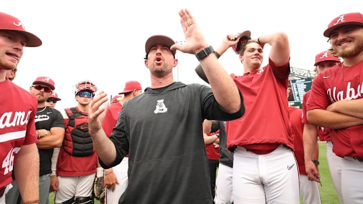 Alabama baseball head coach Rob Vaughn speaks to his team on May 12, 2024.