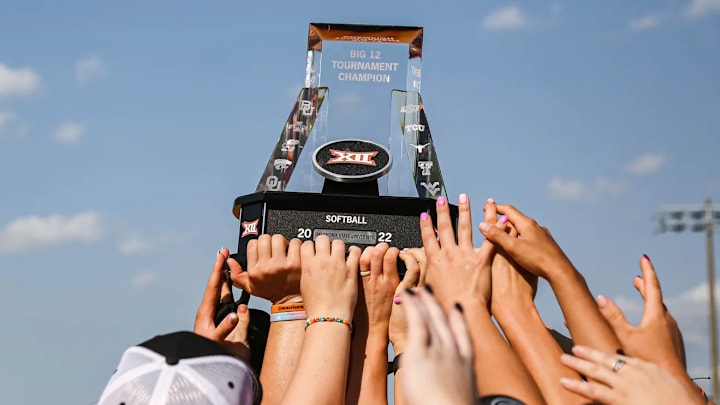 The Oklahoma State Cowgirls celebrate after defeating the Oklahoma Sooners in the Big 12 Softball Championship at USA Softball Hall of Fame Complex in Oklahoma City on Saturday, May 14, 2022. The Oklahoma State Cowgirls celebrate after defeating the Oklahoma Sooners in the Big 12 Softball Championship at USA Softball Hall of Fame Complex in Oklahoma City on Saturday, May 14, 2022.