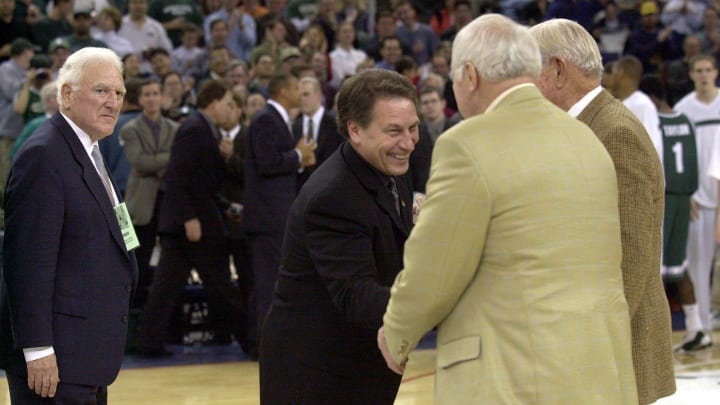 -
-Current MSU basketball coach Tom Izzo, center, shakes hands with former MSU coaches Gus Ganakas, Jud Heathcote and Pete Newell, left to right, in Oakland, Ca, Saturday night before the Spartans' basketball game against Stanford in the Pete Newell Challenge.Title Izzo Three Coaches -
-Current MSU basketball coach Tom Izzo, center, shakes hands with former MSU coaches Gus Ganakas, Jud Heathcote and Pete Newell, left to right, in Oakland, Ca, Saturday night before the Spartans' basketball game against Stanford in the Pete Newell Challenge.Title Izzo Three Coaches