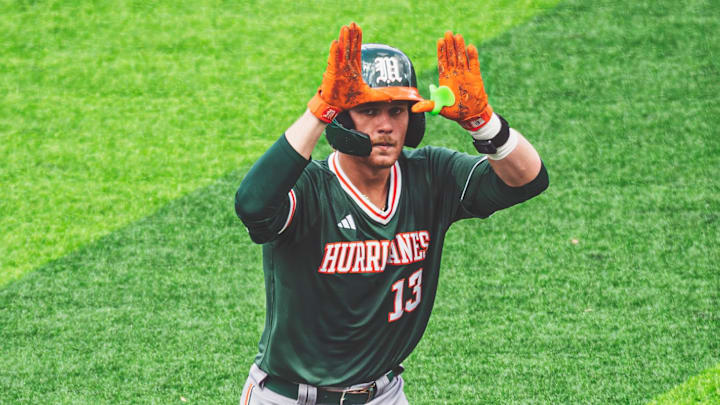 Miami catcher Alex Sosa after a home run to take the lead against the Duke Blue Devils. Miami catcher Alex Sosa after a home run to take the lead against the Duke Blue Devils.