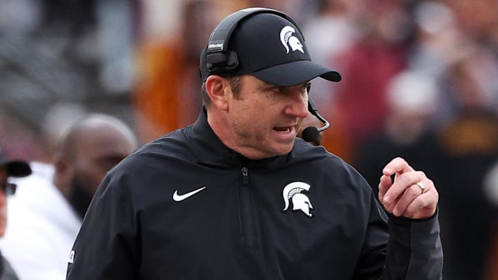 Nov 1, 2025; Minneapolis, Minnesota, USA; Michigan State Spartans head coach Jonathan Smith looks on during the first half against the Minnesota Golden Gophers at Huntington Bank Stadium. Mandatory Credit: Matt Krohn-Imagn Images Nov 1, 2025; Minneapolis, Minnesota, USA; Michigan State Spartans head coach Jonathan Smith looks on during the first half against the Minnesota Golden Gophers at Huntington Bank Stadium. Mandatory Credit: Matt Krohn-Imagn Images