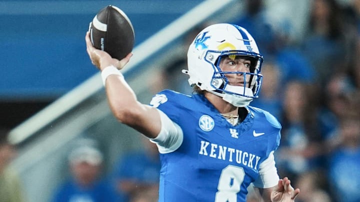 Kentucky Wildcats quarterback Cutter Boley (8) makes a throw during the game against Eastern Michigan at Kroger Field in Lexington, Kentucky Saturday, Sept. 13, 2025.