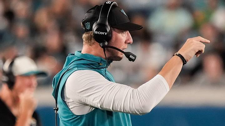 Jacksonville Jaguars head coach Liam Coen coaches from the sideline during the second quarter at EverBank Stadium in the second preseason game on Friday night, August 21, 2026 in Jacksonville, Fla. [Doug Engle/Florida Times-Union]