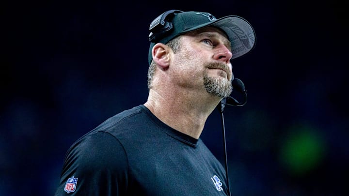 Detroit Lions head coach Dan Campbell looks up at the scoreboard after a play against the Minnesota Vikings at Ford Field in Detroit on Sunday, Jan. 7, 2024