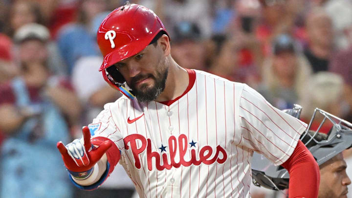 Philadelphia Phillies outfielder Kyle Schwarber (12) celebrates his home run during the first inning against the Miami Marlin Philadelphia Phillies outfielder Kyle Schwarber (12) celebrates his home run during the first inning against the Miami Marlin
