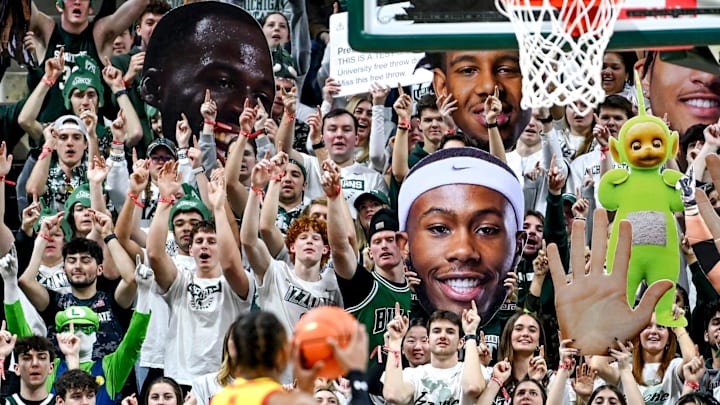 Izzone fans distract Maryland's Jahmir Young as he shoots a free throw during the second half in Michigan State's basketball game on Saturday, Feb. 3, 2024, at the Breslin Center in East Lansing.