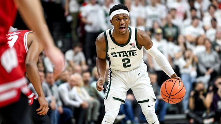 Michigan State's Tyson Walker calls out to teammates during the first half in the game against