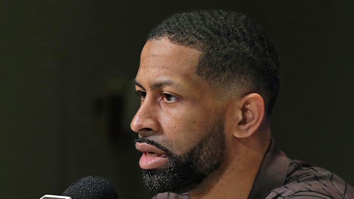 Cleveland Browns general manager Andrew Berry responds to questions during Watson's introductory press conference at the Cleveland Browns Training Facility on March 25, 2022.