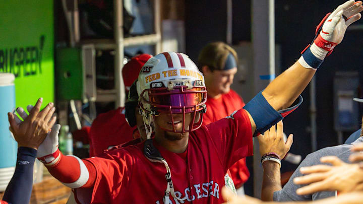 Worcester’s Kristian Campbell celebrates a two-run home run in the fifth inning against Lehigh Valley July 29 at Polar Park. Worcester’s Kristian Campbell celebrates a two-run home run in the fifth inning against Lehigh Valley July 29 at Polar Park.