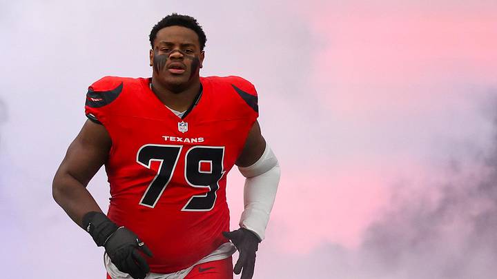 Dec 21, 2025; Houston, Texas, USA; Houston Texans offensive tackle Aireontae Ersery (79) is introduced before playing against the Las Vegas Raiders at NRG Stadium. Mandatory Credit: Thomas Shea-Imagn Images Dec 21, 2025; Houston, Texas, USA; Houston Texans offensive tackle Aireontae Ersery (79) is introduced before playing against the Las Vegas Raiders at NRG Stadium. Mandatory Credit: Thomas Shea-Imagn Images