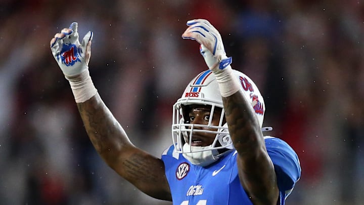 Nov 9, 2024; Oxford, Mississippi, USA; Mississippi Rebels linebacker Chris Paul Jr. (11) reacts at the end of the third quarter against the Georgia Bulldogs at Vaught-Hemingway Stadium. Mandatory Credit: Petre Thomas-Imagn Images Nov 9, 2024; Oxford, Mississippi, USA; Mississippi Rebels linebacker Chris Paul Jr. (11) reacts at the end of the third quarter against the Georgia Bulldogs at Vaught-Hemingway Stadium. Mandatory Credit: Petre Thomas-Imagn Images
