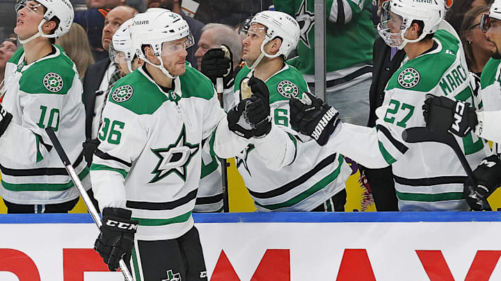 Mar 8, 2025; Edmonton, Alberta, CAN; The Dallas Stars celebrate a goal by forward Mikko Rantanen (96) during the third period against the Edmonton Oilers at Rogers Place. Mandatory Credit: Perry Nelson-Imagn Images