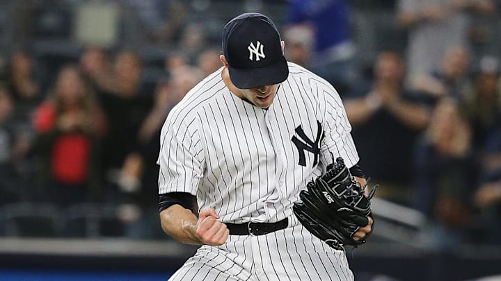 Aug 31, 2018; Bronx, NY, USA; New York Yankees relief pitcher David Robertson (30) reacts after defeating the Detroit Tigers at Yankee Stadium. Mandatory Credit: Andy Marlin-Imagn Images Aug 31, 2018; Bronx, NY, USA; New York Yankees relief pitcher David Robertson (30) reacts after defeating the Detroit Tigers at Yankee Stadium. Mandatory Credit: Andy Marlin-Imagn Images