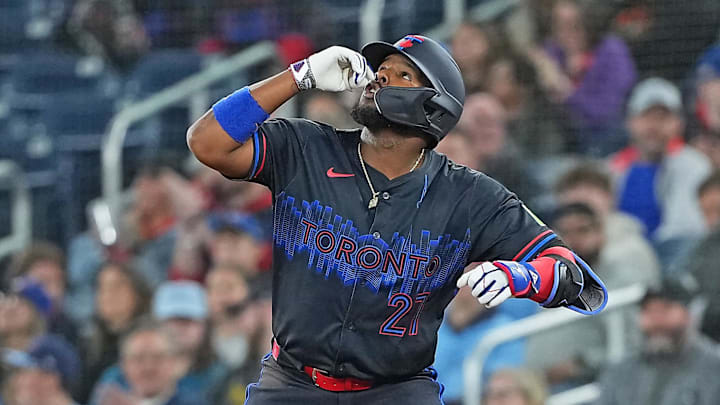 Mar 28, 2025; Toronto, Ontario, CAN; Toronto Blue Jays first baseman Vladimir Guerrero Jr. (27) gestures after hitting a single against the Baltimore Orioles during the first inning at Rogers Centre. Mandatory Credit: Nick Turchiaro-Imagn Images Mar 28, 2025; Toronto, Ontario, CAN; Toronto Blue Jays first baseman Vladimir Guerrero Jr. (27) gestures after hitting a single against the Baltimore Orioles during the first inning at Rogers Centre. Mandatory Credit: Nick Turchiaro-Imagn Images