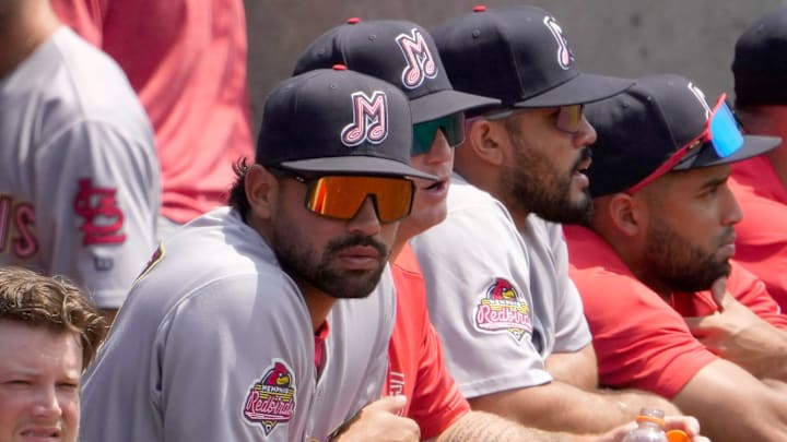 July 24, 2024; Columbus, Ohio, USA; 
Memphis Redbirds relief pitcher Jacob Bosiokovic, a Delaware Hayes graduate who played for Ohio State stands in the dugout during a game against the Columbus Clippers. Bosiokovic was called up to the Cardinals earlier this season and is now back in the minors.
