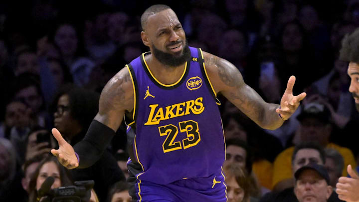 Jan 17, 2025; Los Angeles, California, USA;  Los Angeles Lakers forward LeBron James (23) reacts after a foul call against the Brooklyn Nets at Crypto.com Arena. Mandatory Credit: Jayne Kamin-Oncea-Imagn Images