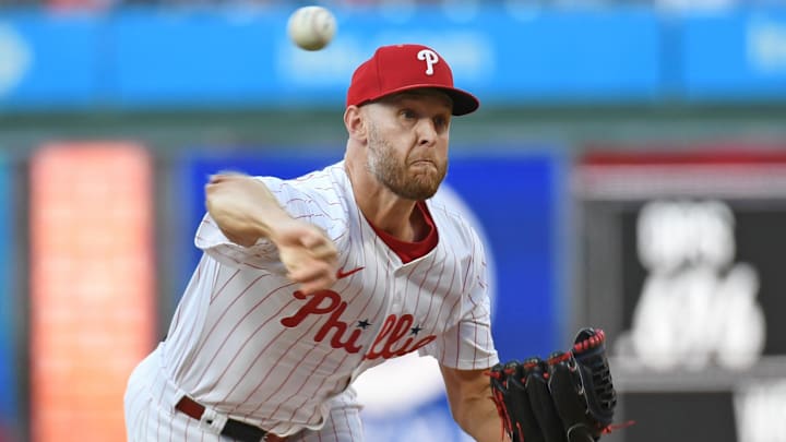 Jul 21, 2025; Philadelphia, Pennsylvania, USA; Philadelphia Phillies pitcher Zack Wheeler (45) throws a pitch during the first inning against the Boston Red Sox at Citizens Bank Park. Mandatory Credit: Eric Hartline-Imagn Images