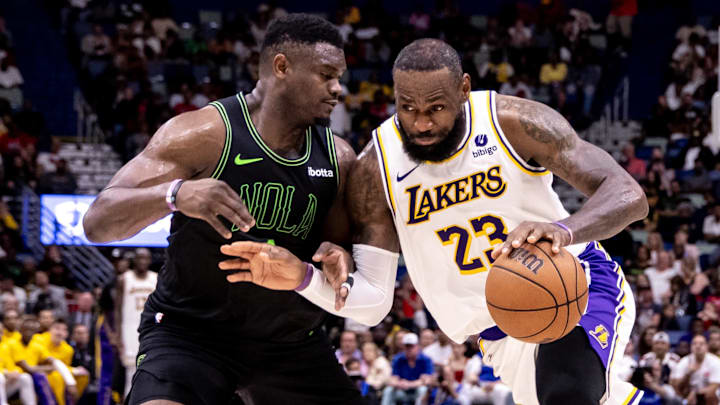 Apr 14, 2024; New Orleans, Louisiana, USA; Los Angeles Lakers forward LeBron James (23) dribbles