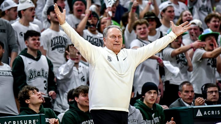 Michigan State's head coach Tom Izzo reacts after Jordan Scott scores during the second half against Michigan on Friday, Jan. 30, 2026, at the Breslin Center in East Lansing.