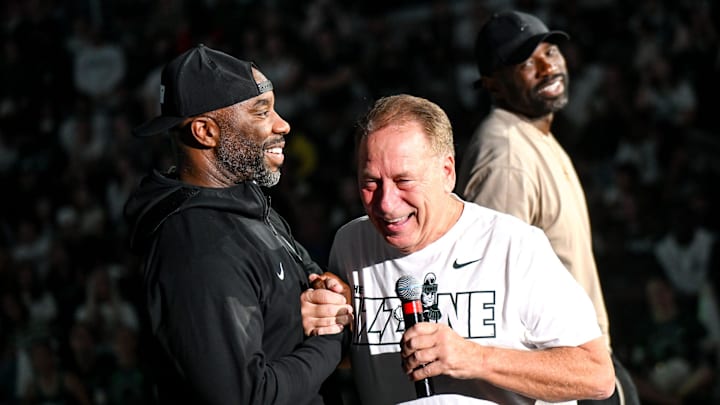 Michigan State men's basketball head coach Tom Izzo, center, former MSU players Mateen Cleaves, left, and Jason Richardson greet Izzo during the Michigan State Madness event on Friday, Oct. 4, 2024, at the Breslin Center in East Lansing. Michigan State men's basketball head coach Tom Izzo, center, former MSU players Mateen Cleaves, left, and Jason Richardson greet Izzo during the Michigan State Madness event on Friday, Oct. 4, 2024, at the Breslin Center in East Lansing.