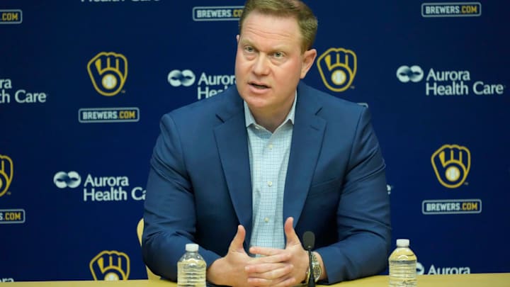 Senior Vice President and General Manager Matt Arnold speaks during an an end of season press conference at American Family Field in Milwaukee on Tuesday, Oct. 10, 2023.