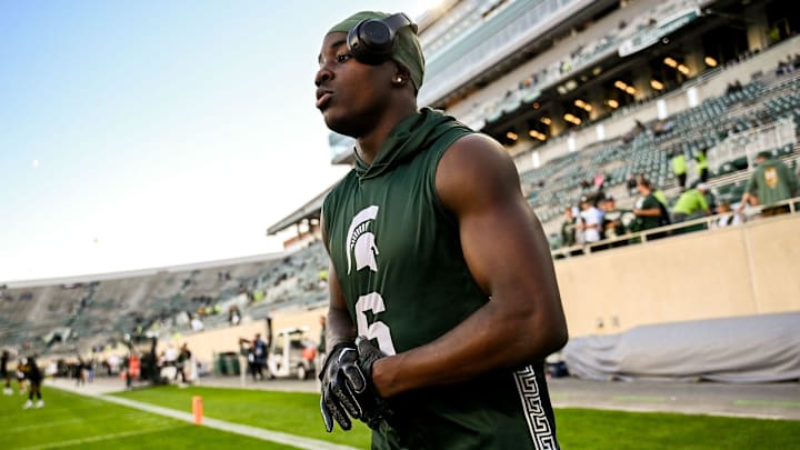 Michigan State's Nick Marsh heads to the locker room after warming up before the game against Iowa on Saturday, Oct. 19, 2024, at Spartan Stadium in East Lansing.