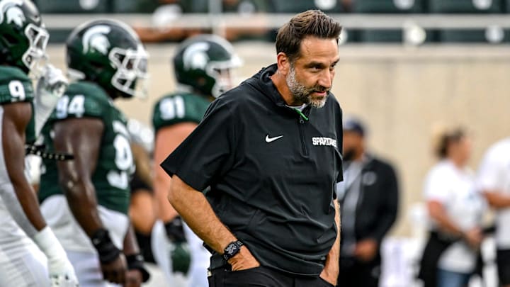 Michigan State defensive coordinator Joe Rossi looks on before the game against Florida Atlantic on Friday, Aug. 30, 2024, at Spartan Stadium in East Lansing. Michigan State defensive coordinator Joe Rossi looks on before the game against Florida Atlantic on Friday, Aug. 30, 2024, at Spartan Stadium in East Lansing.