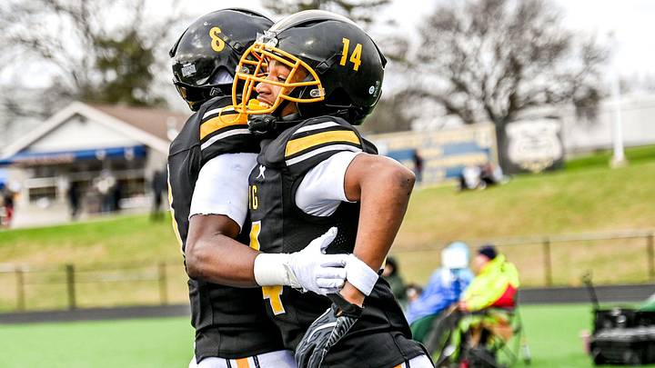 Detroit King's Don Spillers, right, celebrate his touchdown catch with Tay'Shawn Henry during the fourth quarter in the game against Mason on Saturday, Nov. 23, 2024, at Chelsea High School. Detroit King's Don Spillers, right, celebrate his touchdown catch with Tay'Shawn Henry during the fourth quarter in the game against Mason on Saturday, Nov. 23, 2024, at Chelsea High School.