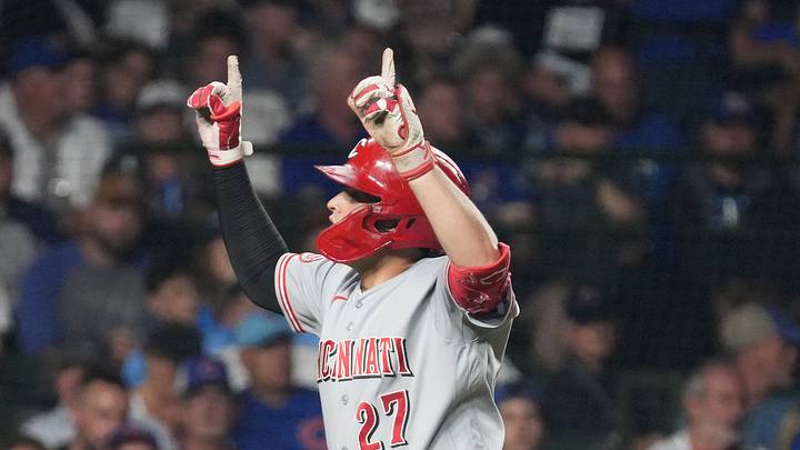 Aug 30, 2026; Chicago, Illinois, USA;  Cincinnati Reds first baseman Sal Stewart (27) gestures after hitting a home run against the Chicago Cubs during the seventh inning at Wrigley Field.  Mandatory Credit: David Banks-Imagn Images