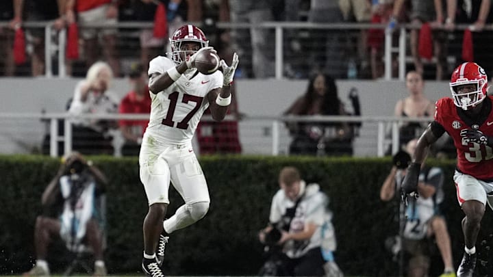 Sep 27, 2025; Athens, Georgia, USA; Alabama Crimson Tide wide receiver Lotzeir Brooks (17) makes a catch against the Georgia Bulldogs in the first half at Sanford Stadium. Mandatory Credit: Dale Zanine-Imagn Images
