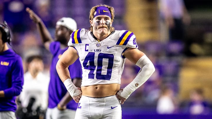 Sep 20, 2025; Baton Rouge, Louisiana, USA;  LSU Tigers linebacker Whit Weeks (40) looks on against the Southeastern Louisiana Lions during the second half at Tiger Stadium. Mandatory Credit: Stephen Lew-Imagn Images