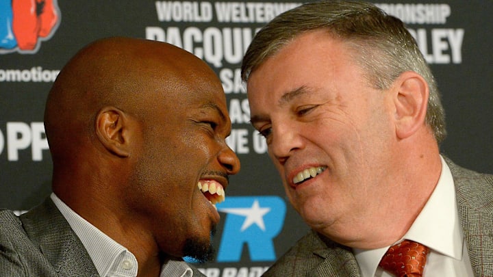 Boxing trainer Teddy Atlas speaks to Timothy Bradley, Jr during a press conference at the Beverly Hills Hotel to announce the upcoming boxing fight against Manny Pacquiao on April 9, 2016 in Las Vegas, Nevada. 