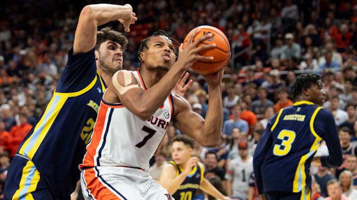 Auburn Tigers forward Keyshawn Hall (7) looks to go up as Auburn Tigers take on Merrimack Warriors at Neville Arena in Auburn, Ala. on Thursday, Nov. 6, 2025. Auburn Tigers lead Merrimack Warriors 39-22 at halftime. Auburn Tigers forward Keyshawn Hall (7) looks to go up as Auburn Tigers take on Merrimack Warriors at Neville Arena in Auburn, Ala. on Thursday, Nov. 6, 2025. Auburn Tigers lead Merrimack Warriors 39-22 at halftime.